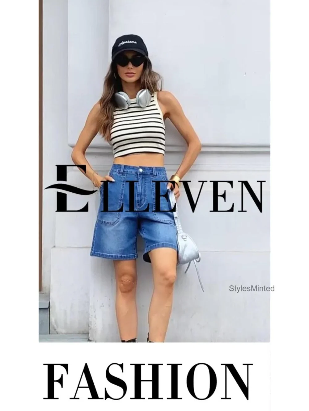 Stretchy High Waisted Denim Bermuda Shorts with Utility Pockets